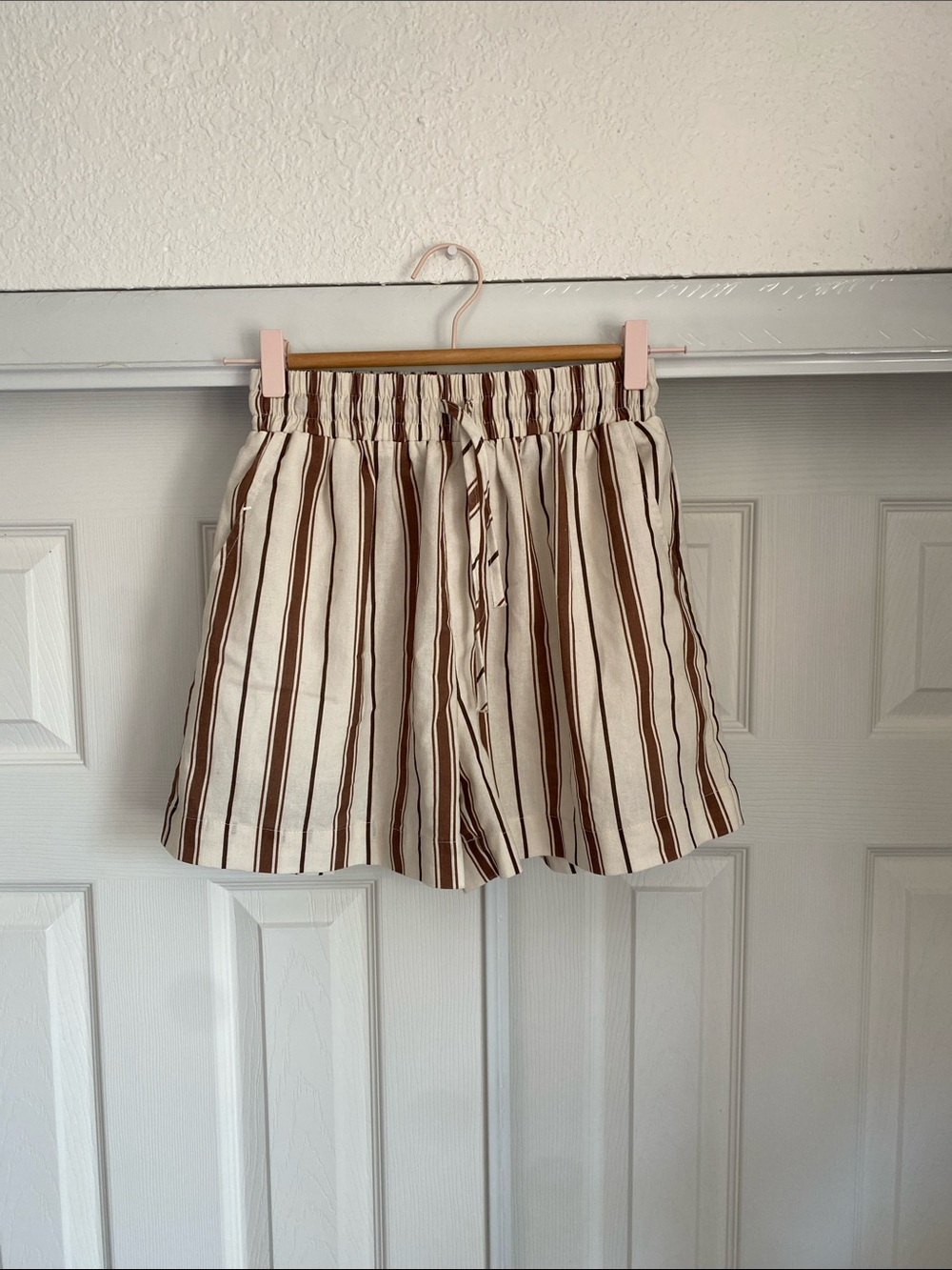 🤎 Peppermayo Striped Cotton Linen Blend Brown & Cream Women's Shorts size 2